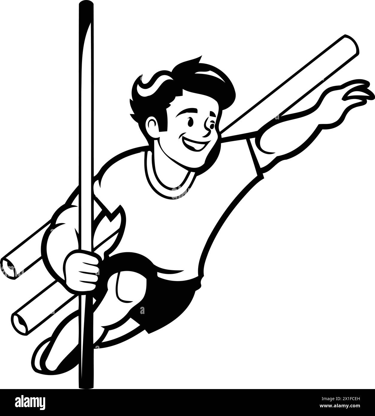 Illustration of a man pole vaulting viewed from the side set inside circle on isolated white background done in cartoon style. Stock Vector