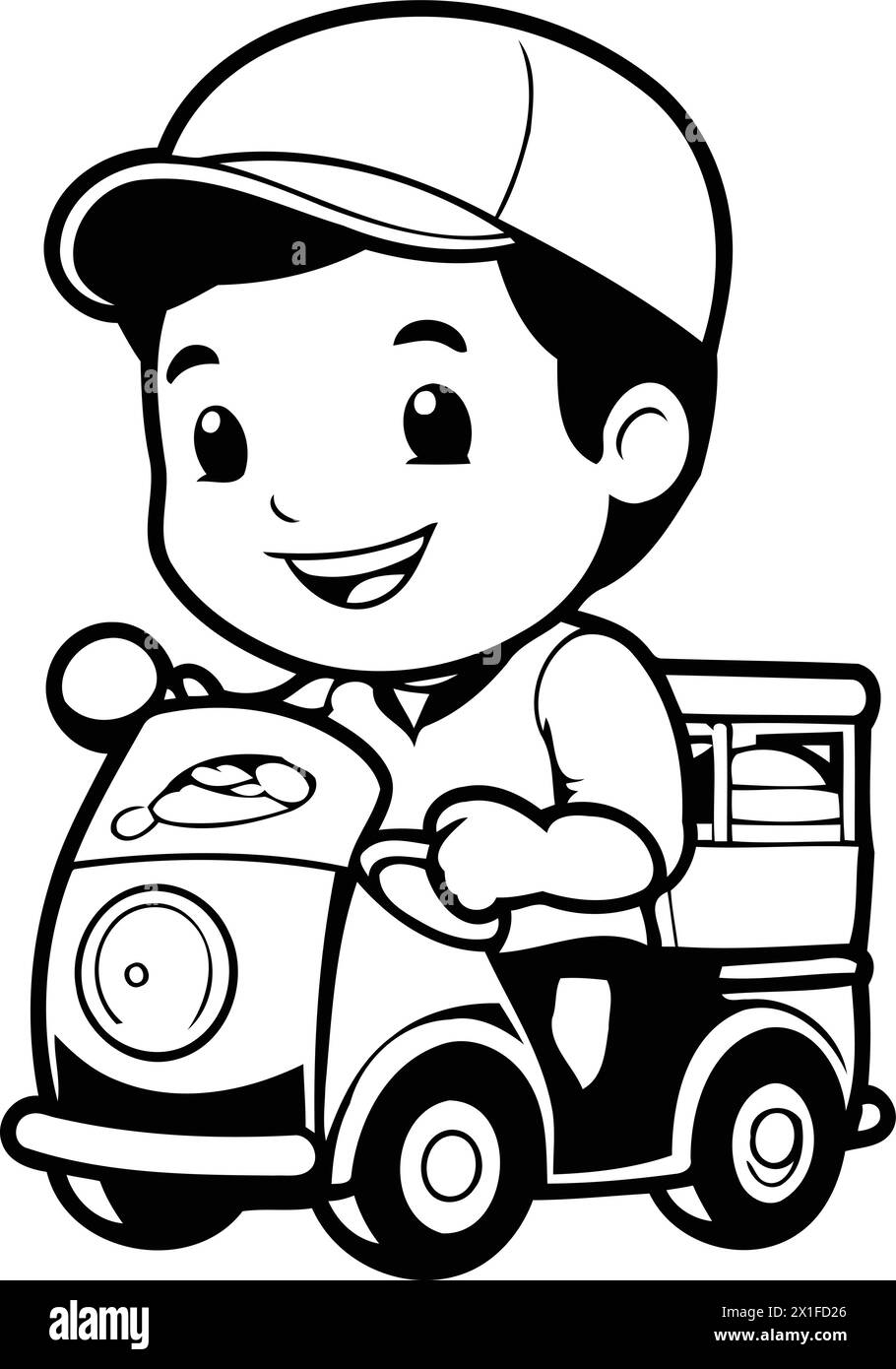Cute cartoon delivery boy on a toy car. Vector illustration. Stock Vector