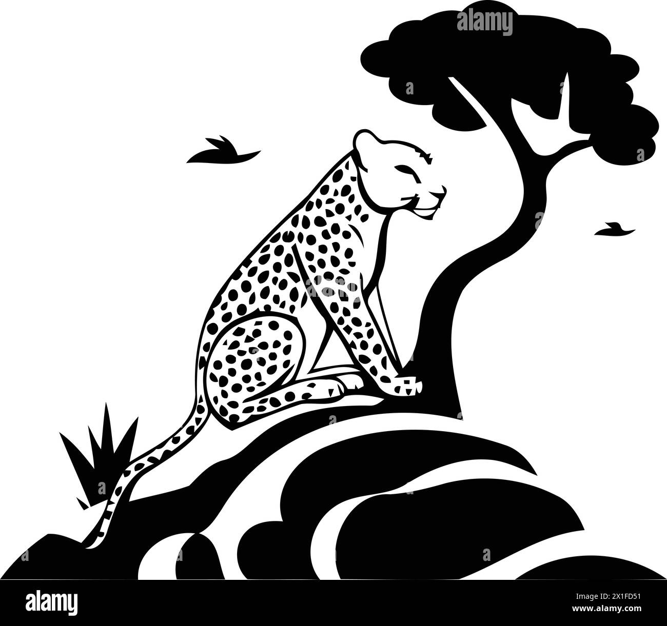 Cheetah sitting on a rock with a tree in the background vector ...