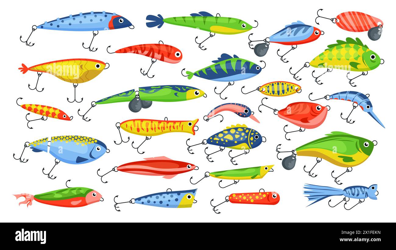 Fishing bait set. Artificial fish lure in different colors, angling accessory collection, fishermans equipment with hook needles to catch trout on fishing pole without worm cartoon vector illustration Stock Vector