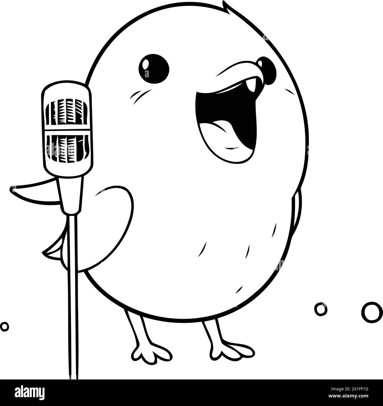 Cute little chick singing into a microphone. Vector cartoon