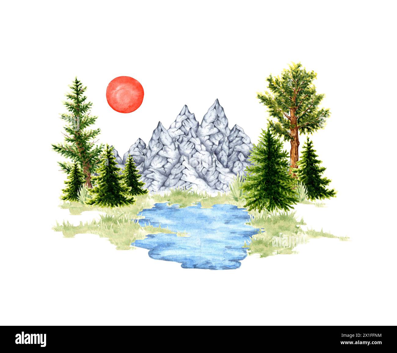 Watercolor illustration of natural landscape. Forest wildlife scene with green grass, green trees, mountain ranges, lake and sun. Create design compos Stock Photo