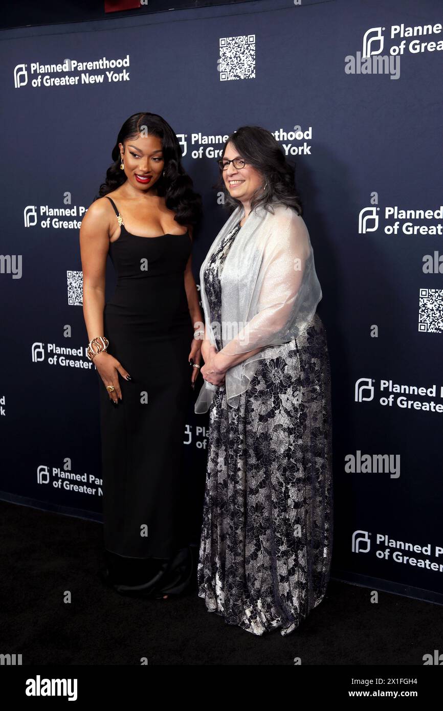 New York City, New York, United States. 16th Apr, 2024. Rap artist Megan Thee Stallion poses with President and CEO of Planned Parenthood of Greater New York, Wendy Stark at the organizations gala dinner at Cirpiani South Street in New York City Credit: Adam Stoltman/Alamy Live News Stock Photo
