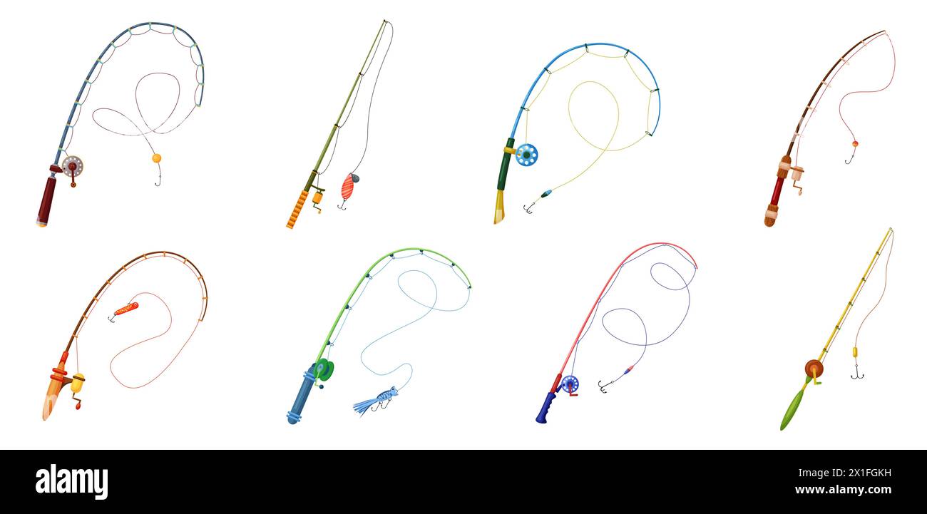 Fishing rod set. Fishing pole collection with reel and handle, hook and ...