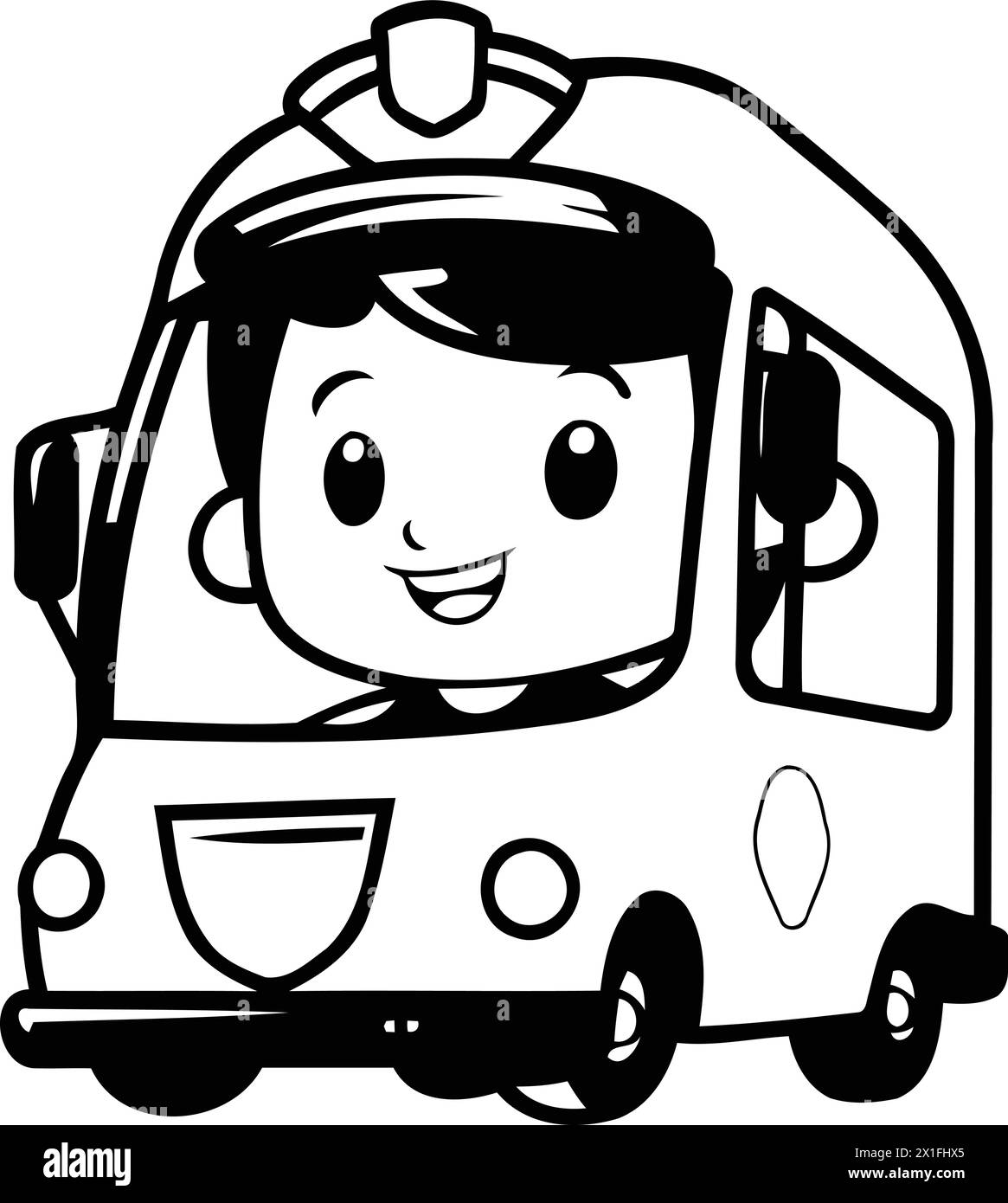 Cute little boy riding a yellow school bus. Vector illustration Stock ...