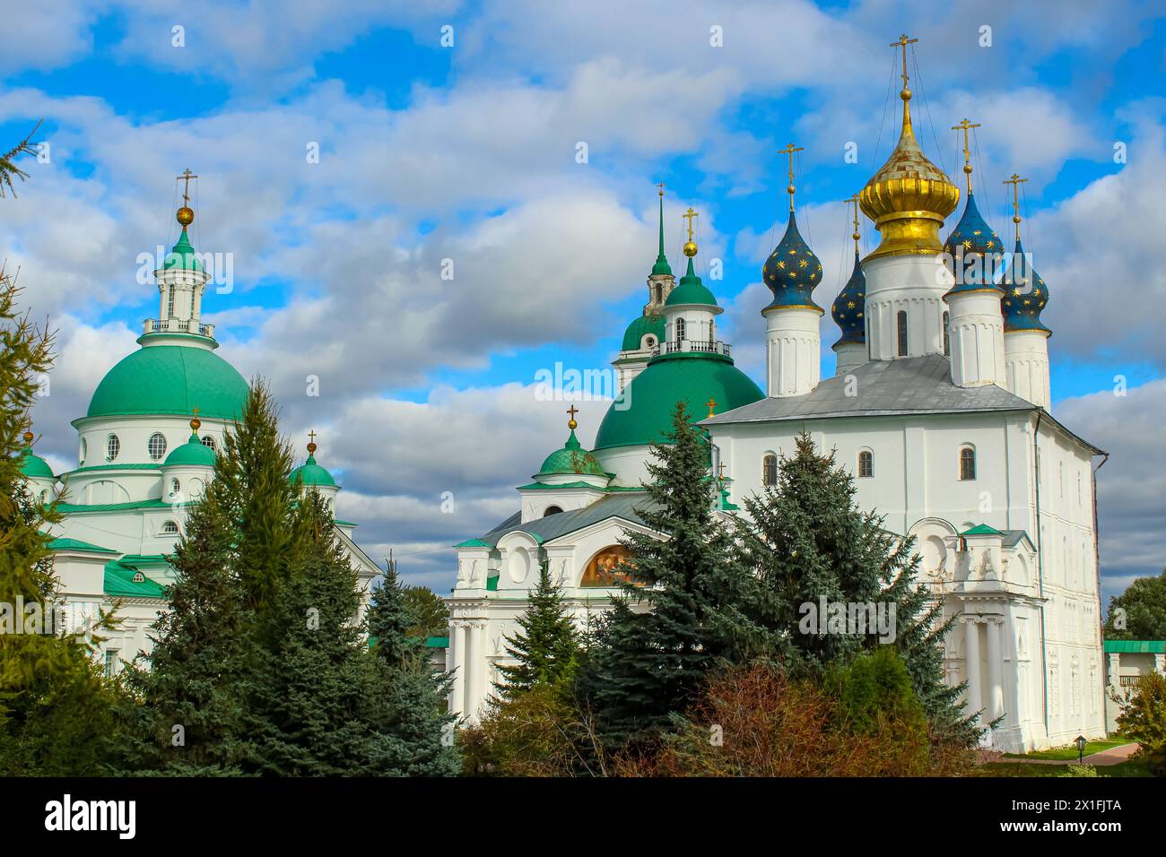 View of the temples of the Spaso-Yakovlevsky Monastery on a sunny winter day. Rostov Veliky, Russia Stock Photo