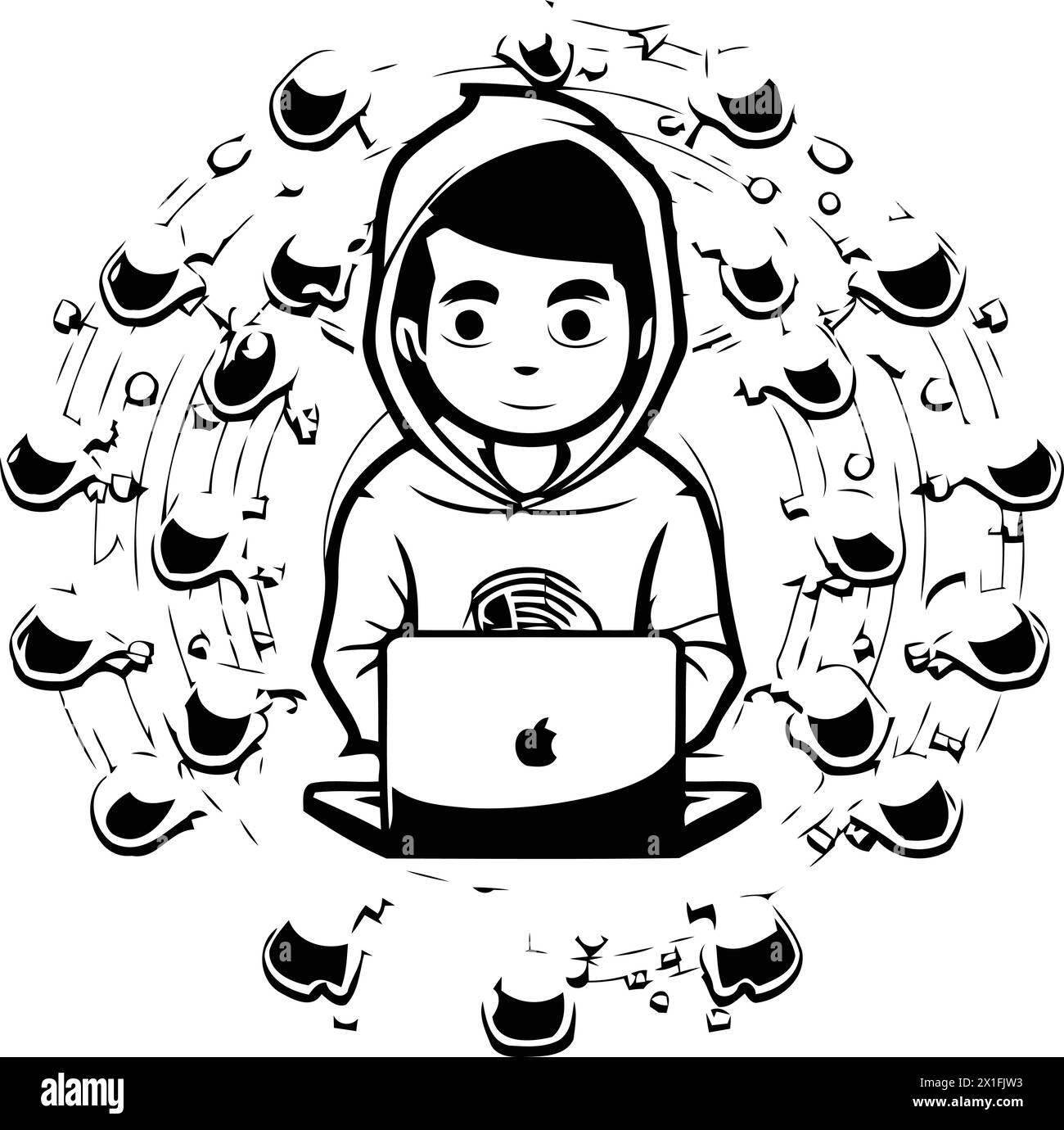 Vector illustration of a boy wearing a hoodie and working on a laptop Stock Vector