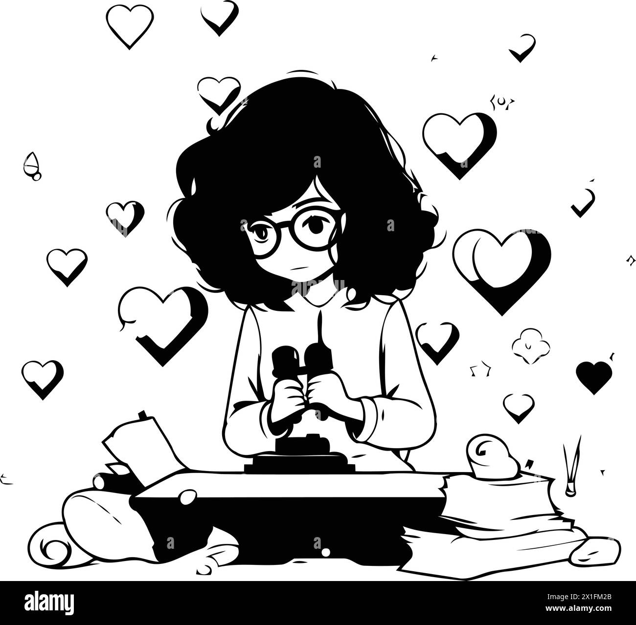Vector illustration of a girl with glasses playing the old typewriter. Stock Vector