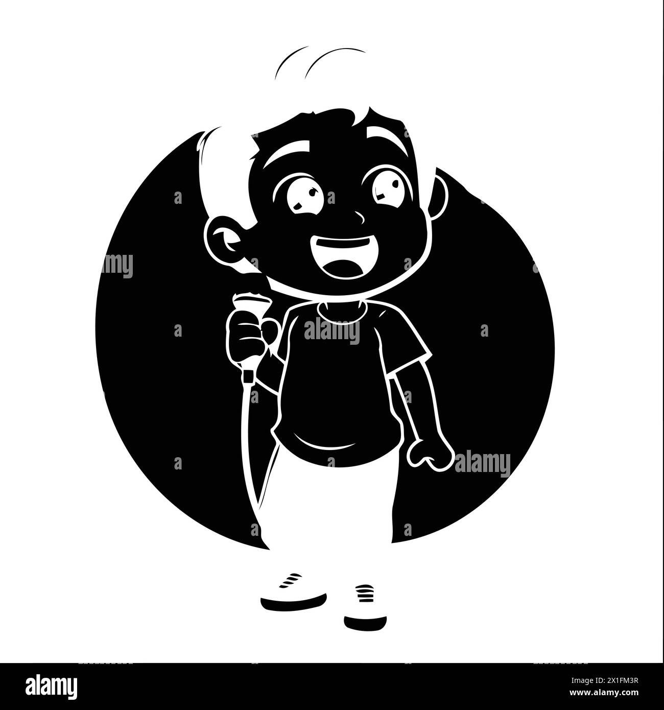 cartoon boy sing karaoke on orange background. vector illustration