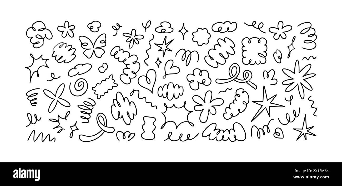 Hand drawn playful organic irregular doodle shapes and stickers. Modern brutalism and y2k sketchy design elements. Flower, heart, star, butterfly, spr Stock Vector