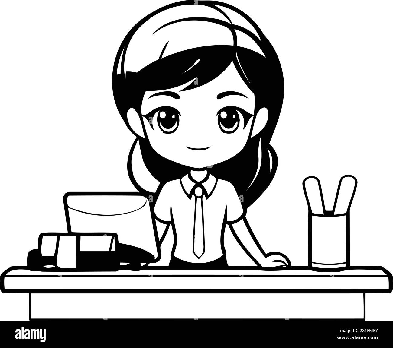 Cute businesswoman working at office desk. Cartoon vector illustration. Stock Vector