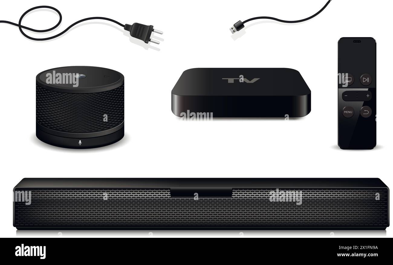 TV set-top box, soundbar and smart speaker. Vector illustration. Stock Vector