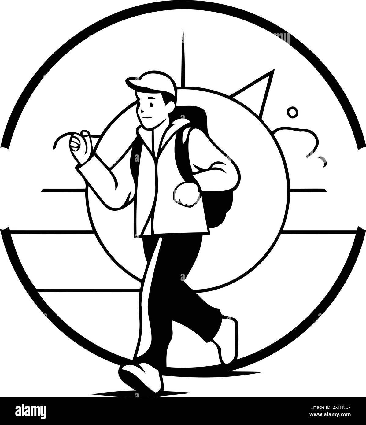 Vector illustration of a man in a red cap with a backpack. The concept