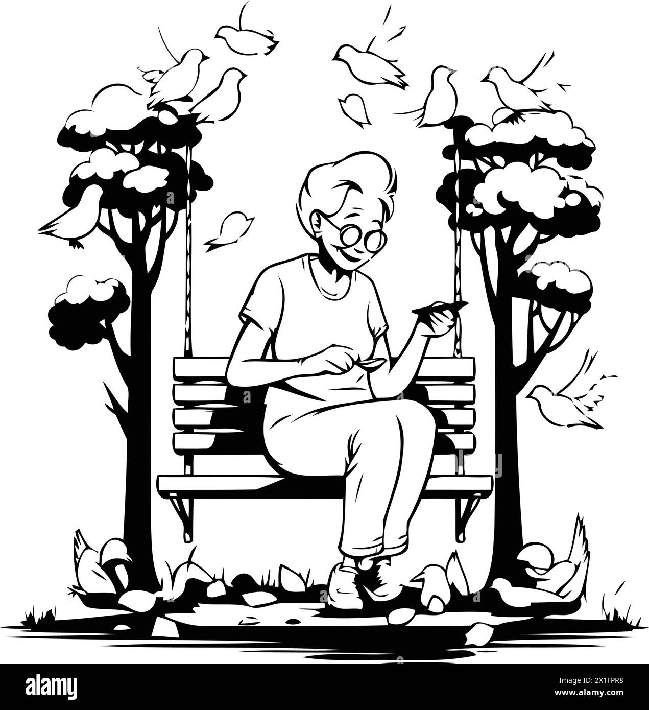 Elderly woman sitting on a bench and feeding pigeons. Vector illustration. Stock Vector