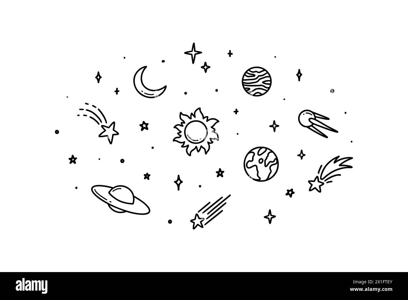 Cute line doodle space background. Childish illustration. Hand drawn planets, sun, moon, stars, satellite. Saturn rings. Sketch twinkle, starburst, sp Stock Vector