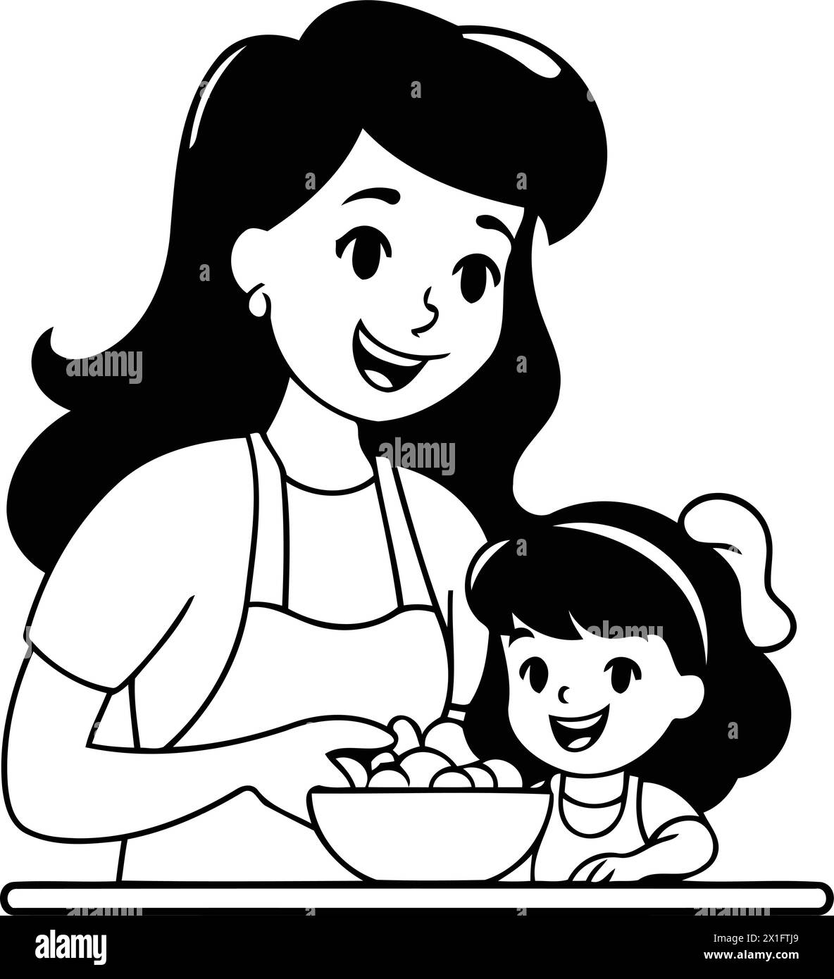 Mother and daughter eating healthy food together. Vector illustration in cartoon style Stock Vector