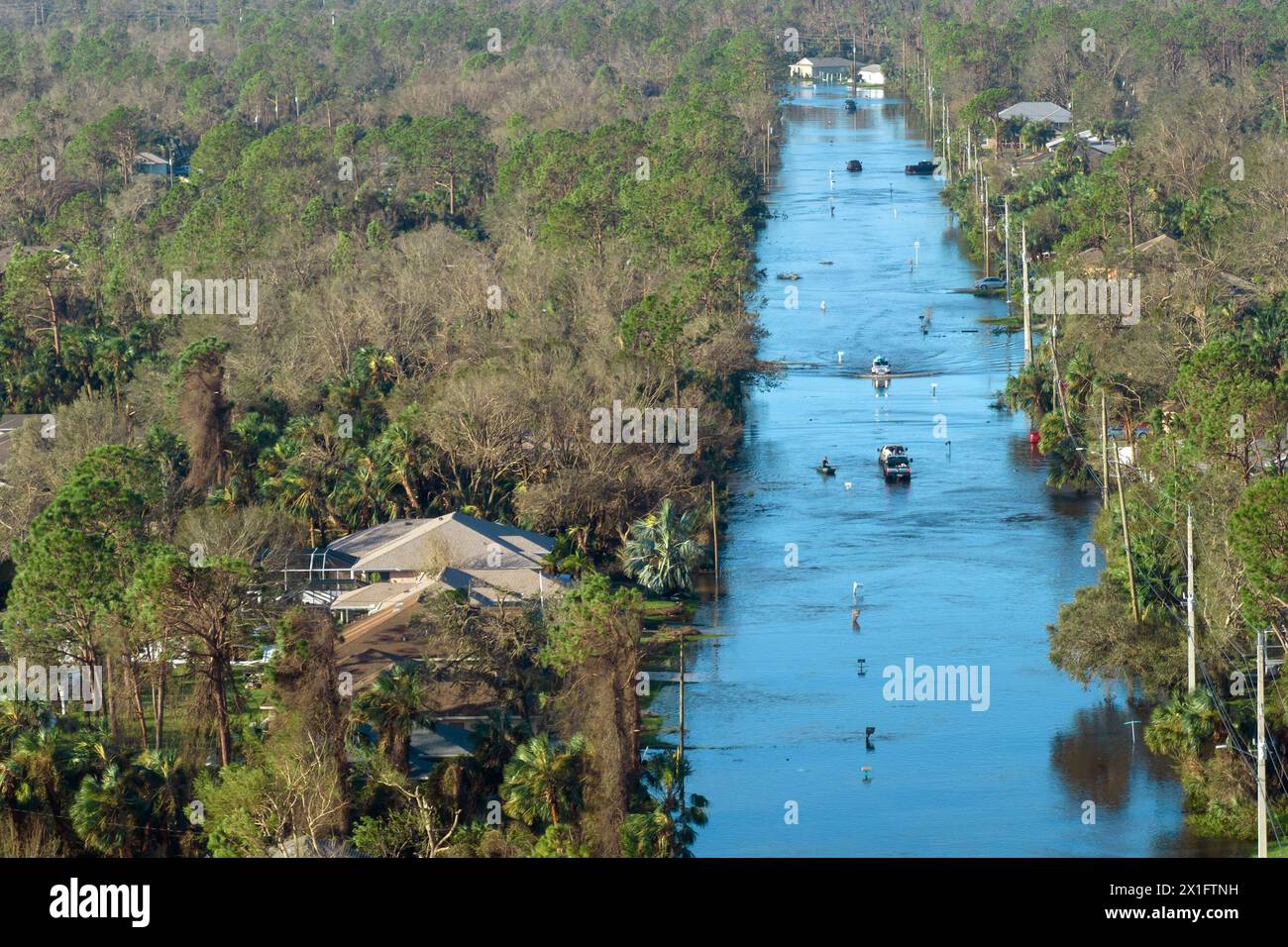 Flooded road in Florida after heavy hurricane rainfall. Aerial view of ...