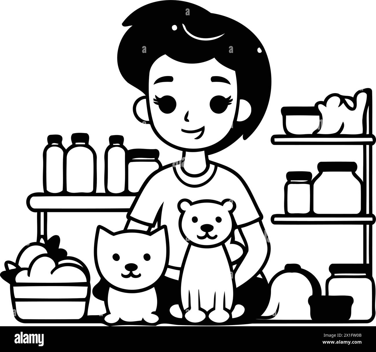 Cute boy with dog in pet shop. Vector cartoon illustration. Stock Vector