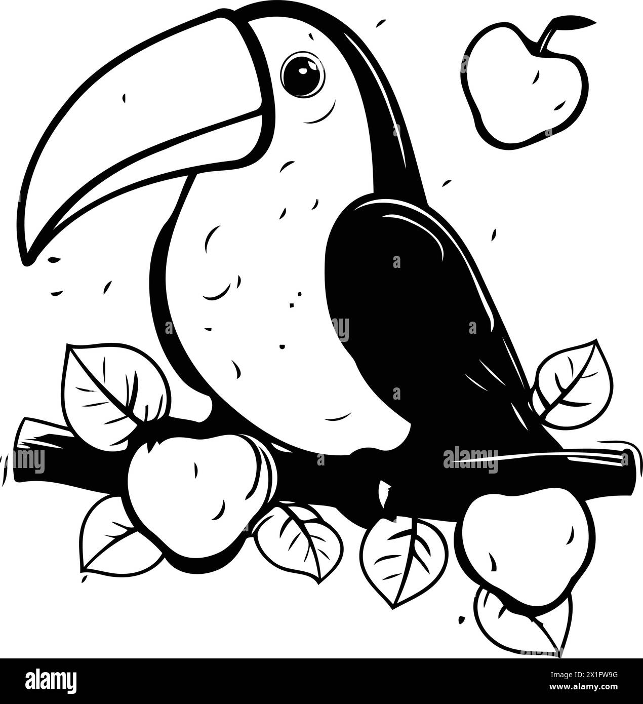 Cute toucan sitting on a branch with apples. Vector illustration. Stock Vector