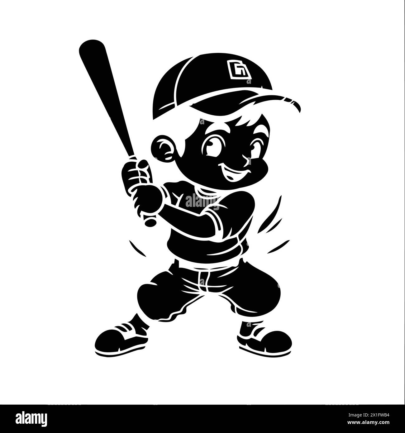 Cute little boy in baseball cap and uniform with bat. Vector