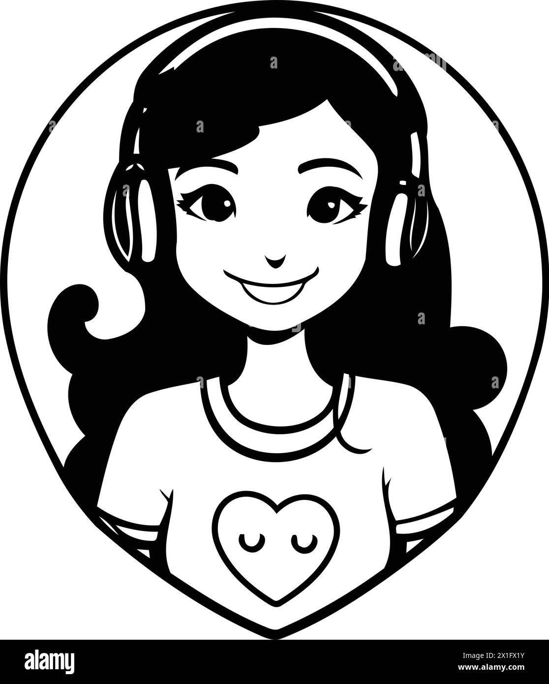 Cute girl with headphones and heart in her hand. Vector illustration. Stock Vector