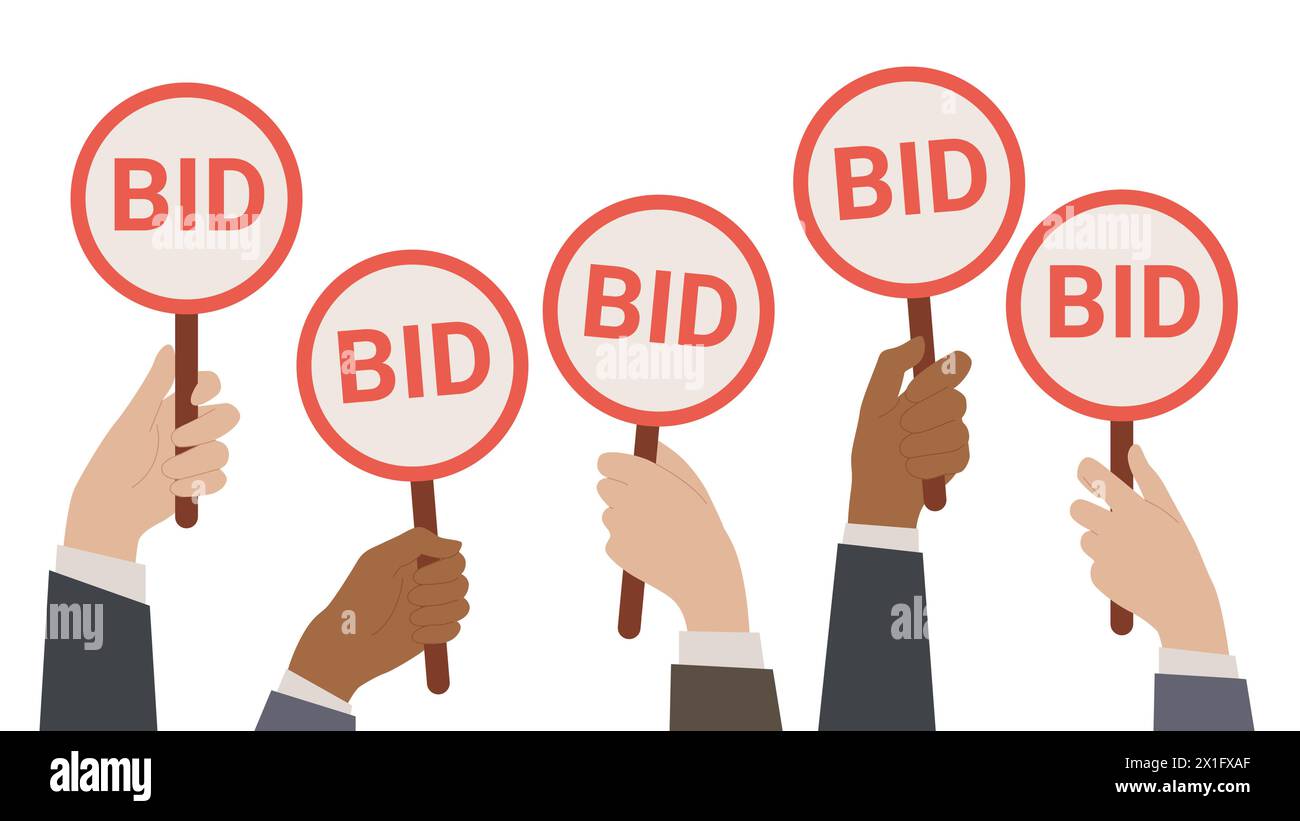 Auction bidding process. Hands hold paddles with Bid text, bidders rise round signs in competition to offer commercial price for purchase, arms of competitors vote cartoon vector illustration Stock Vector