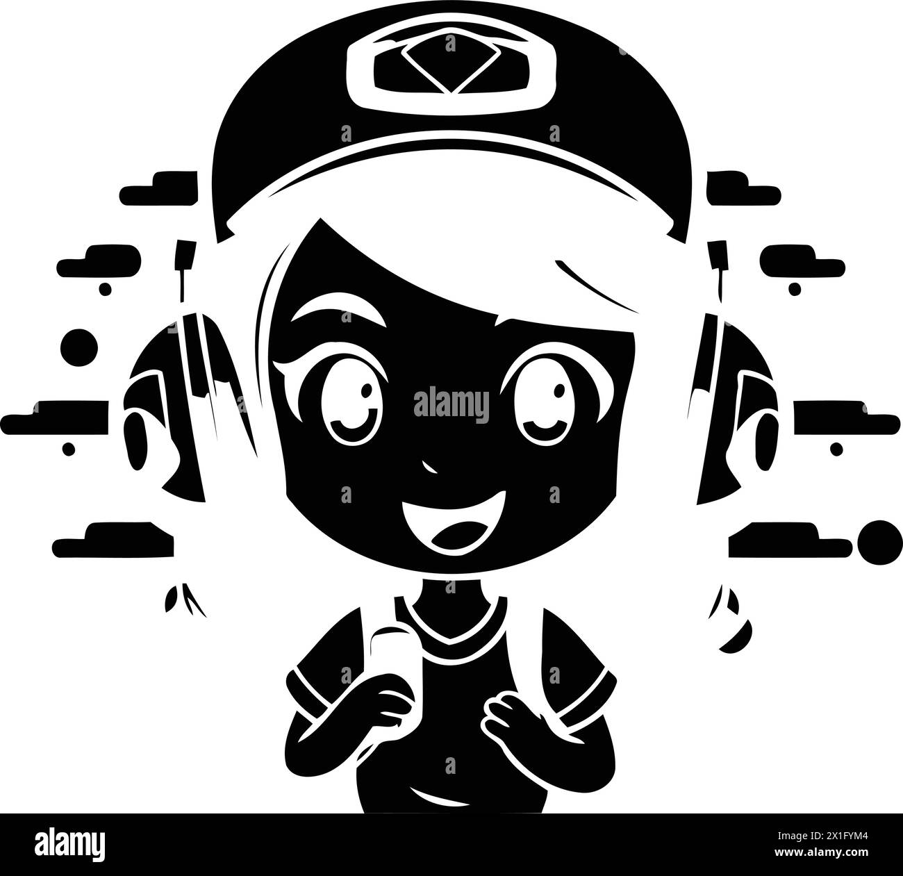 Cute little girl wearing helmet and listening to music with headphones. Vector illustration. Stock Vector