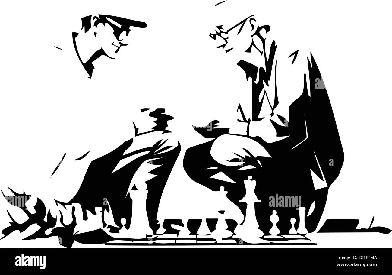 Two senior men playing chess in the park. Vector illustration on white background. Stock Vector
