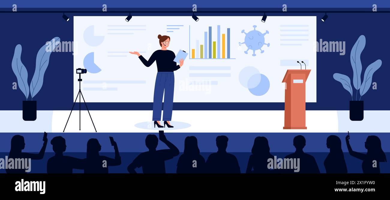 Public speech of woman on scientific conference, training event. Female