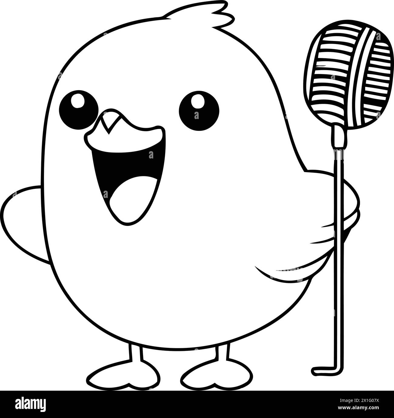 Cute cartoon bird singing with microphone on blue background. Vector