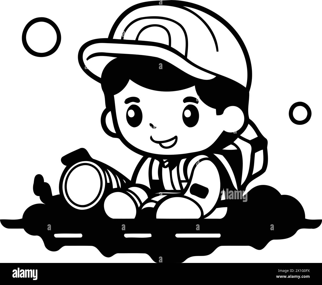 Cute boy wearing a helmet and holding a compass. Vector illustration. Stock Vector