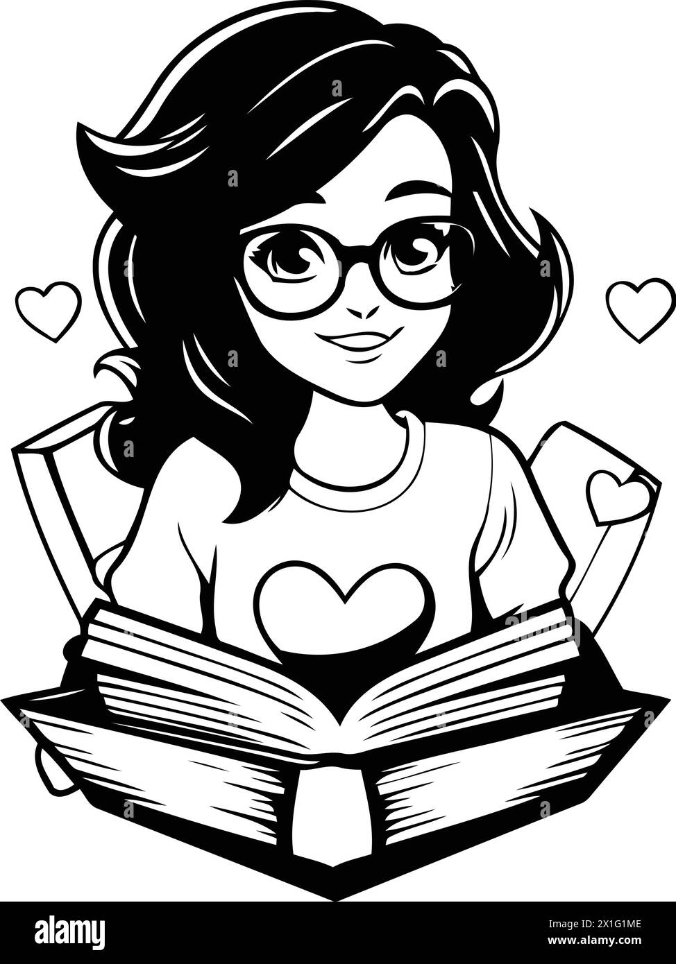 Vector illustration of a girl reading a book with a heart in the ...