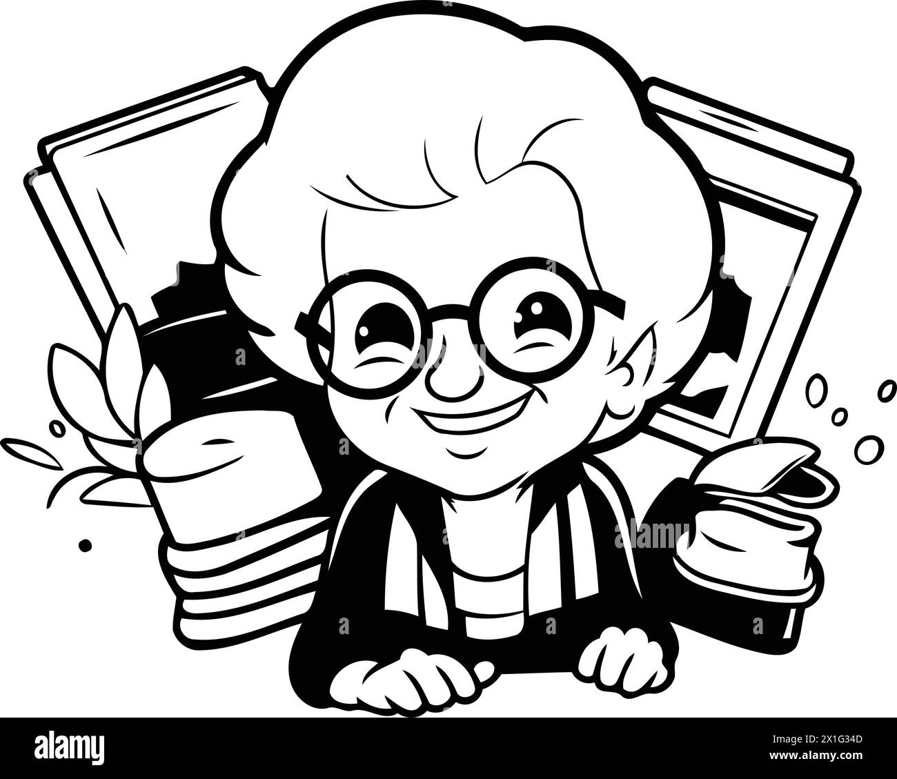 Vector illustration of an old woman in glasses holding a stack of books Stock Vector