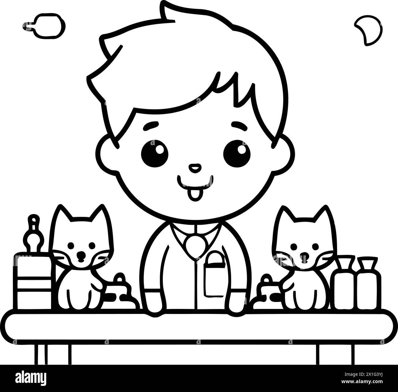 Cute boy playing with cat in the pet shop. Vector illustration. Stock Vector