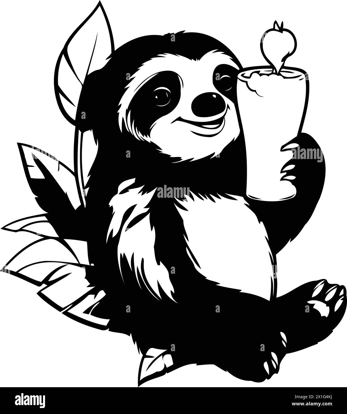 Sloth with a glass of beer and leaves. Vector illustration Stock Vector
