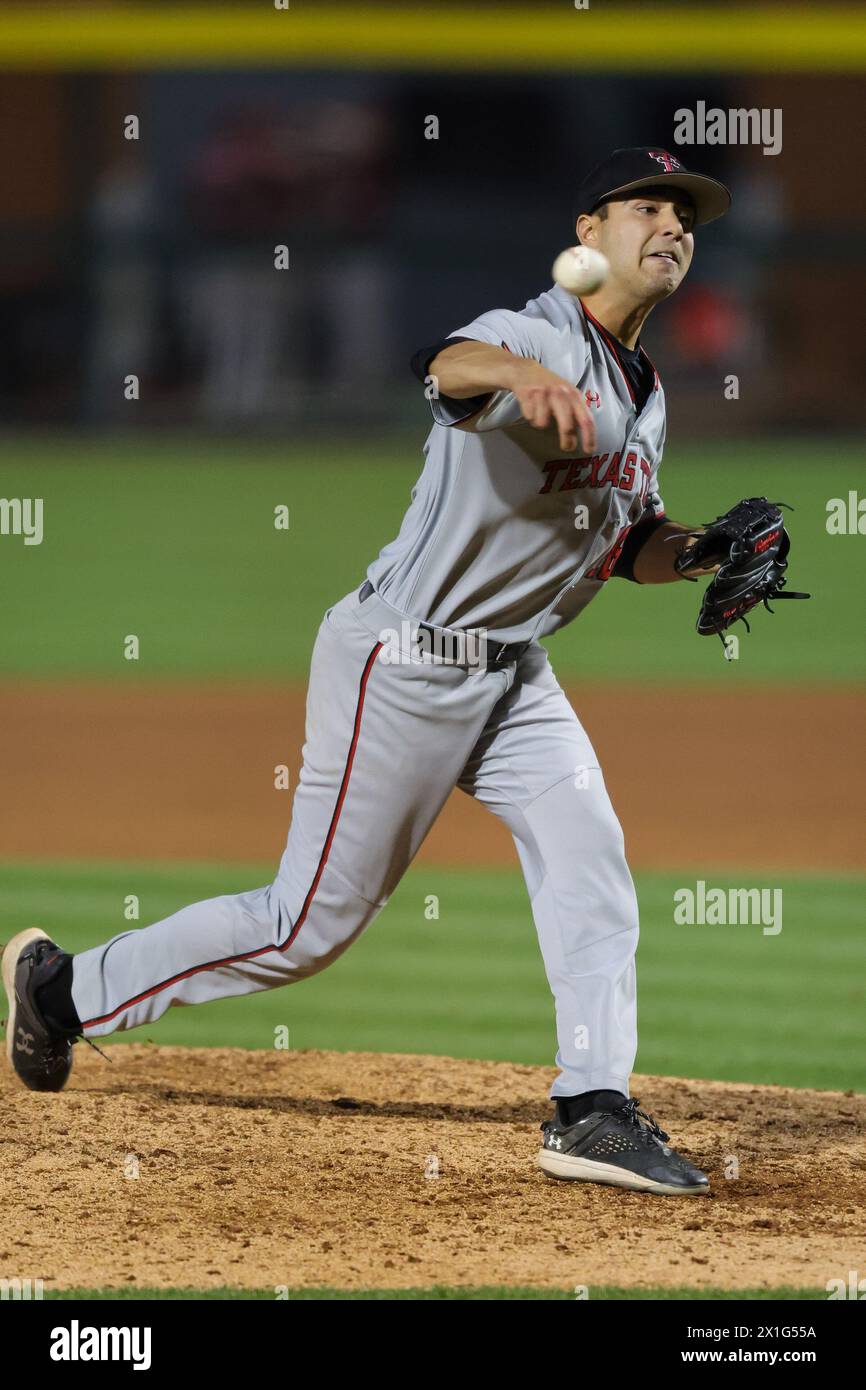 April 16, 2024: Red Raiders pitcher Isaiah Rhodes #18 in action on the ...