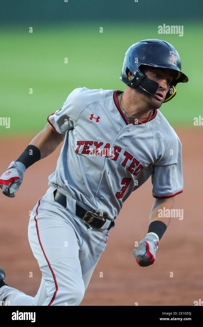 April 16, 2024: Red Raider base runner Tracer Lopez #3 rounds third base. Arkansas defeated Texas Tech 9-8 in Fayetteville, AR. Richey Miller/CSM Stock Photo