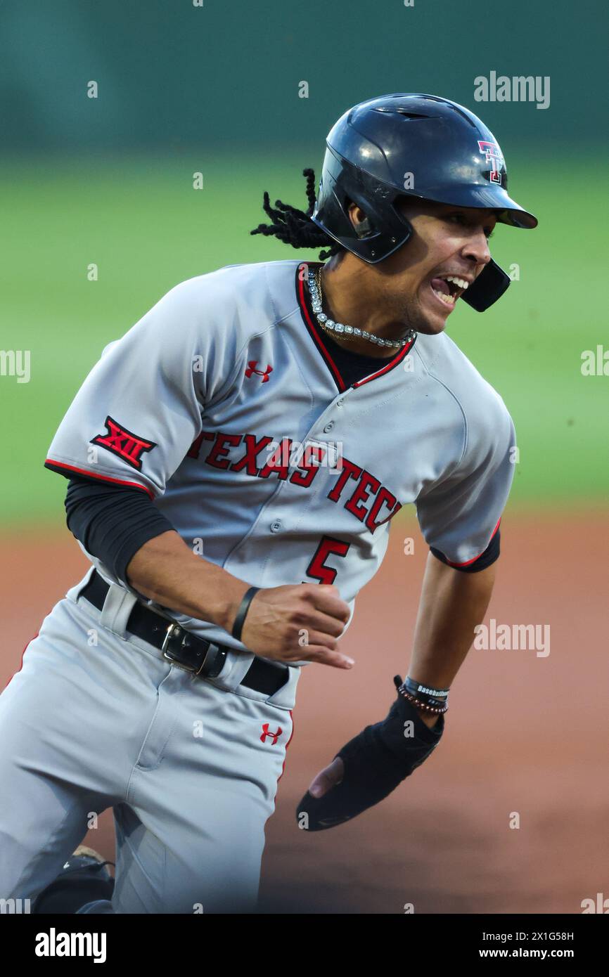 April 16, 2024: TJ Pompey #5 of Texas Tech rounds third base headed towards home. Arkansas defeated Texas Tech 9-8 in Fayetteville, AR. Richey Miller/CSM Stock Photo