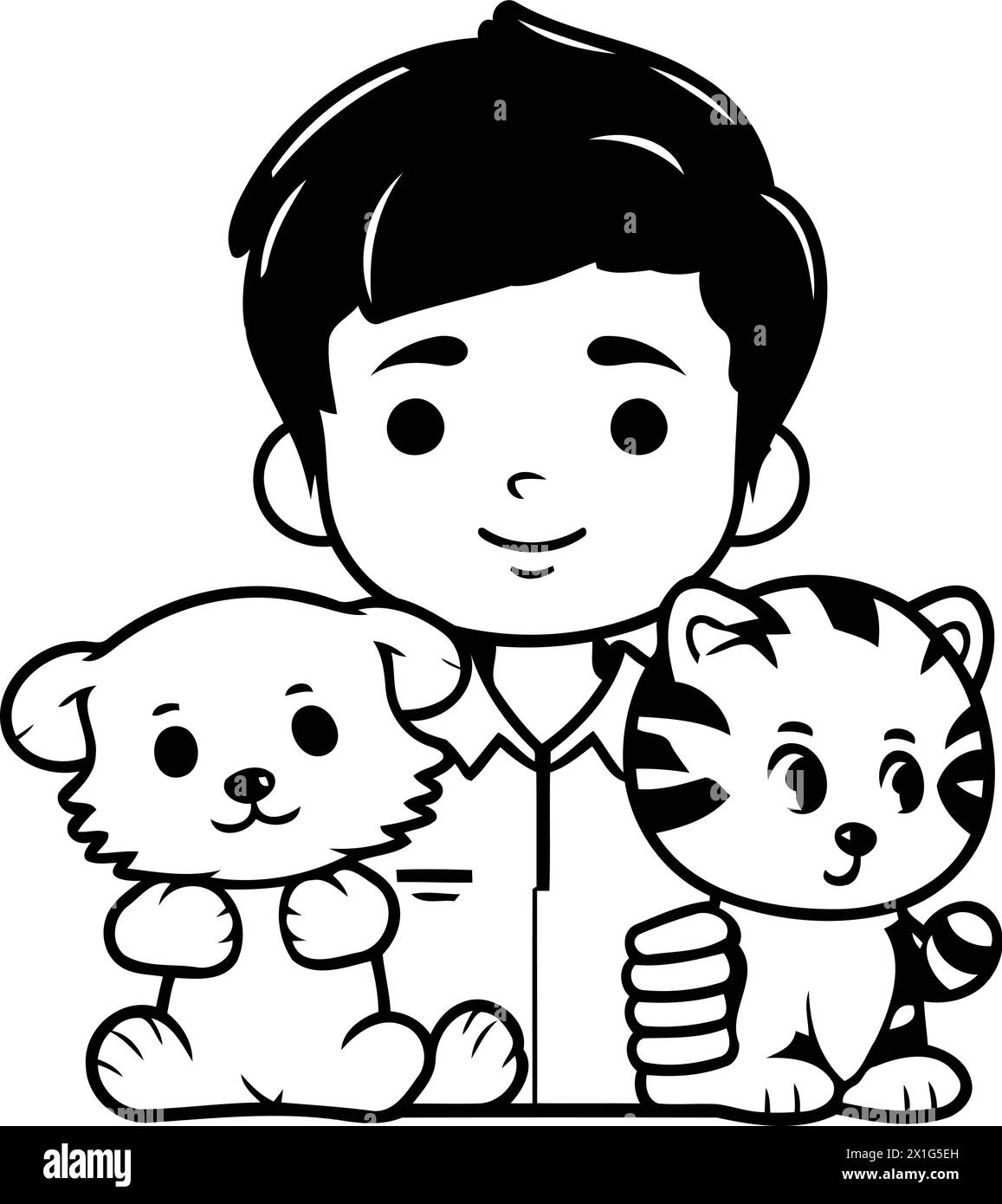 cute boy holding cat and dog family vector illustration eps 10 Stock