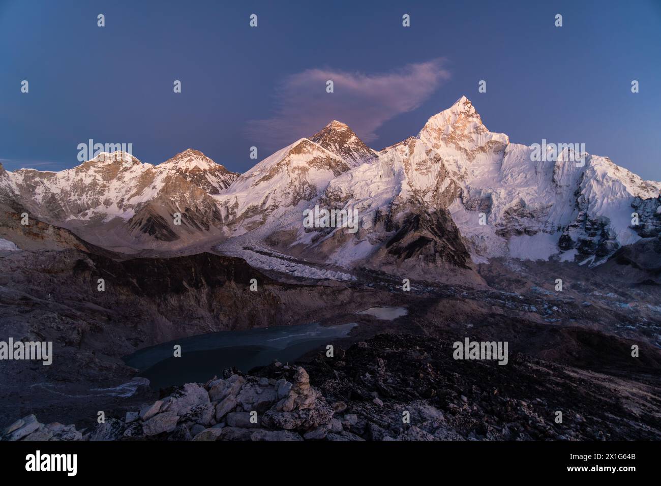 Twilight over Mt Everest summit view from the Kala Patthar viewpoint in the Himalayas in Nepal