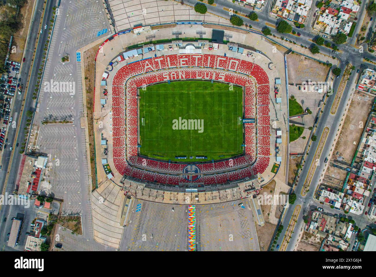 Aerial view Alfonso Lastras Ramírez Stadium home of Atletico San Luis Mexican professional soccer team in San Luis Potosí, Mexico that plays in the Mexican Primera División, Liga Mx, Liga de Expansión MX in San Luis Potosí Mexico. (Photo By Luis Gutierrez/ Norte Photo)  Vista aerea Estadio Alfonso Lastras Ramírez casa de Atletico San Luis equipo de fútbol profesional mexicano en San Luis Potosí, Mexico que juega en la Primera División de México, Liga Mx, Liga de Expansión MX en San Luis Potosí Mexico. (Photo By Luis Gutierrez/ Norte Photo) Stock Photo