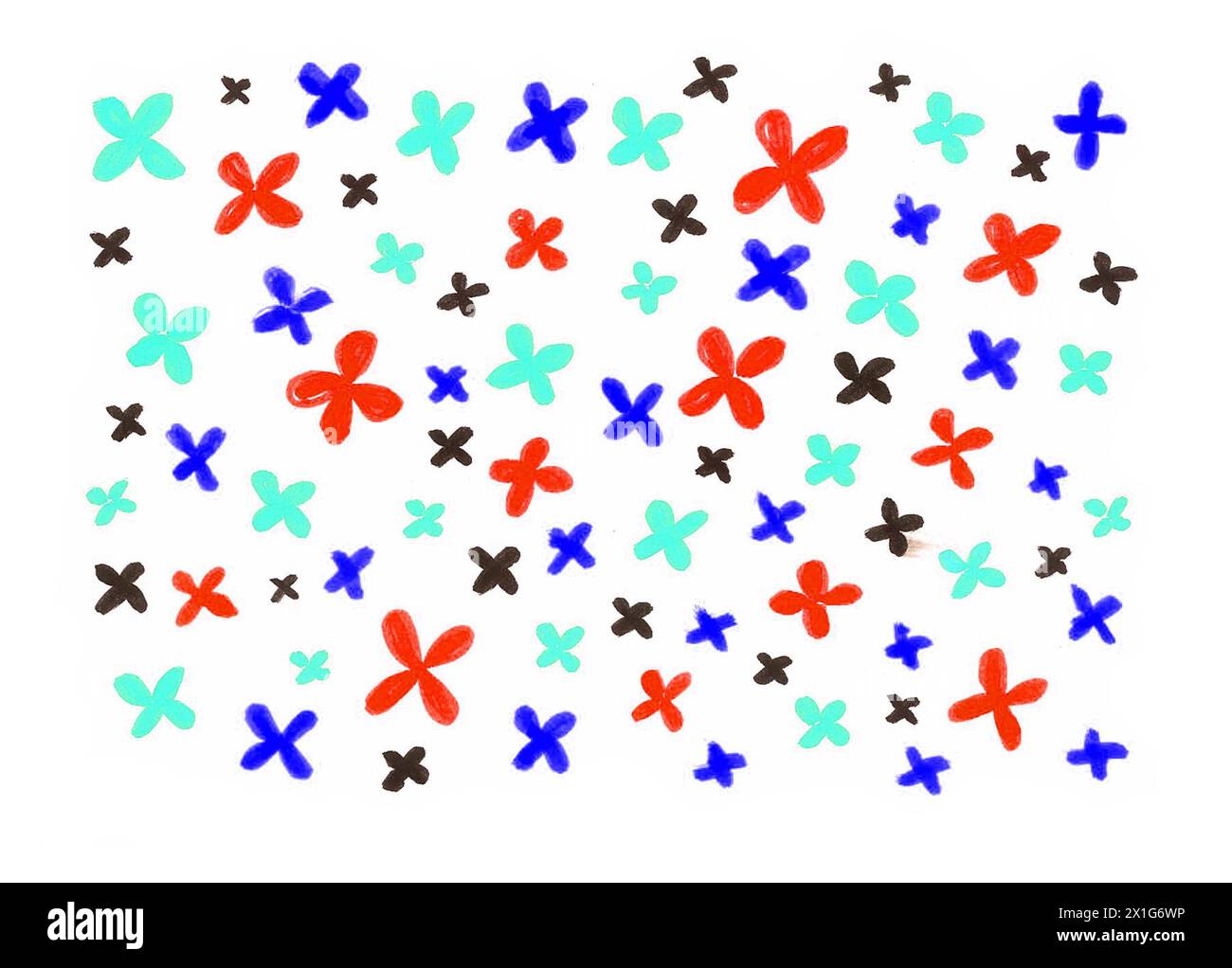 A pattern of different colored flowers on a white background. Larger and smaller in size. They consist of four petals. Red, black, dark and light blue Stock Photo