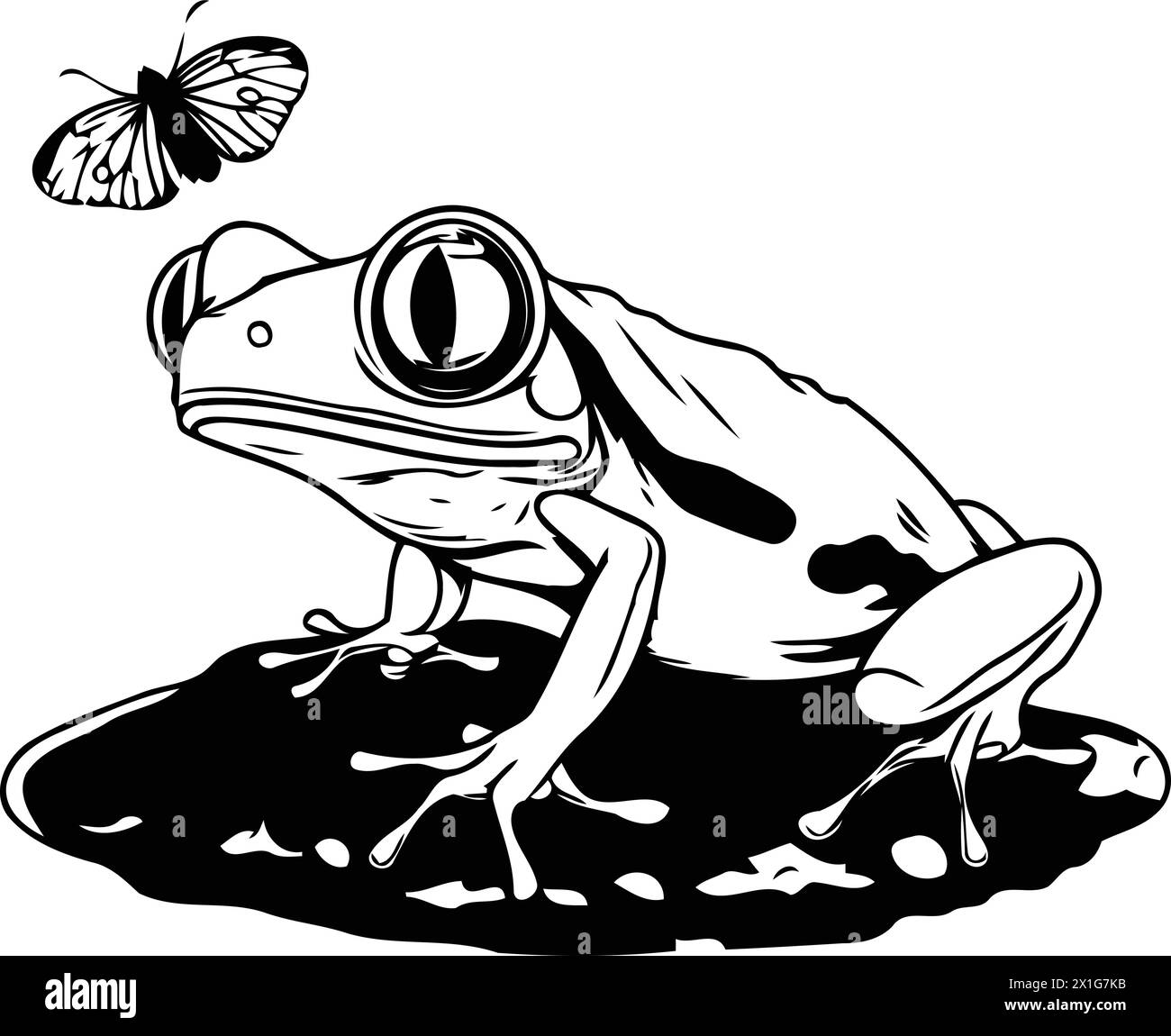 Frog on a stone with a butterfly. Cartoon vector illustration. Stock Vector