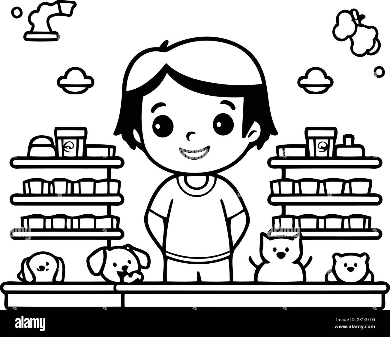 Cute little boy playing with pets in pet shop. Vector illustration Stock Vector