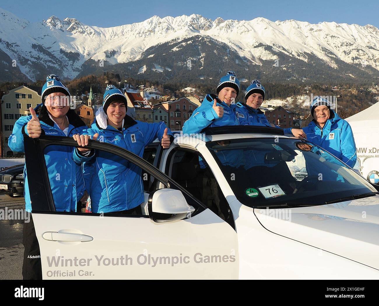 The first Winter Youth Olympic Games (YOG) take place from 13th to 22 January in Innsbruck, Austria. In the picture:  President of the Austrian Olympic Committee (OEOC) Karl Stoss (right) and Secretary General of the OEOC Peter Mennel (left) with Austrian athletes. - 20120112 PD1400 - Rechteinfo: Rights Managed (RM) Stock Photo