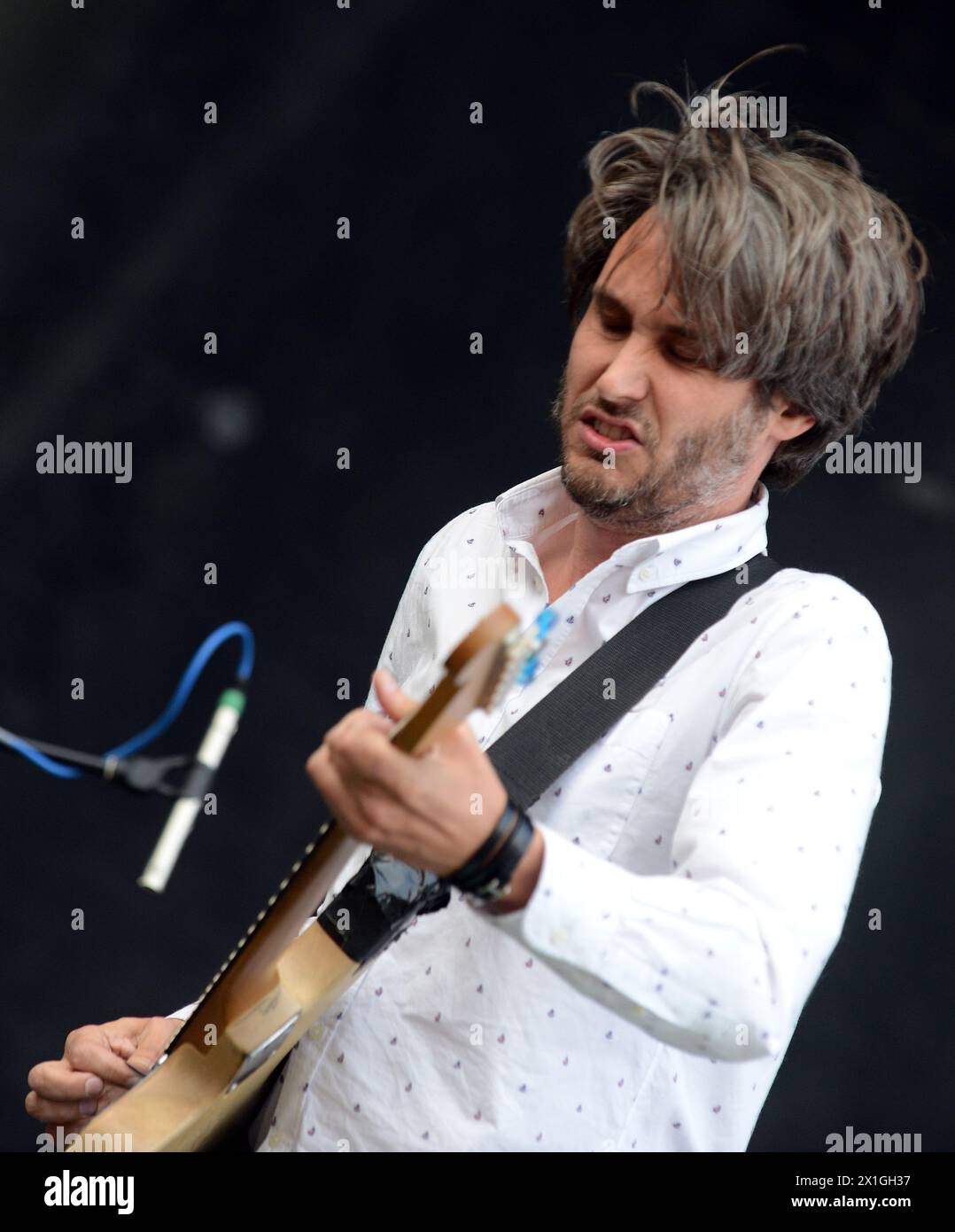 Lead singer and guitarist of German band Tocotronic, Dirk von Lowtzow performs during a concert on the Space Stage at the FM4 Frequency 2012 music festival in St. Poelten, Austria, 16 August 2012. The music festival runs from 15 to 18 August. - 20120816 PD2070 - Rechteinfo: Rights Managed (RM) Stock Photo