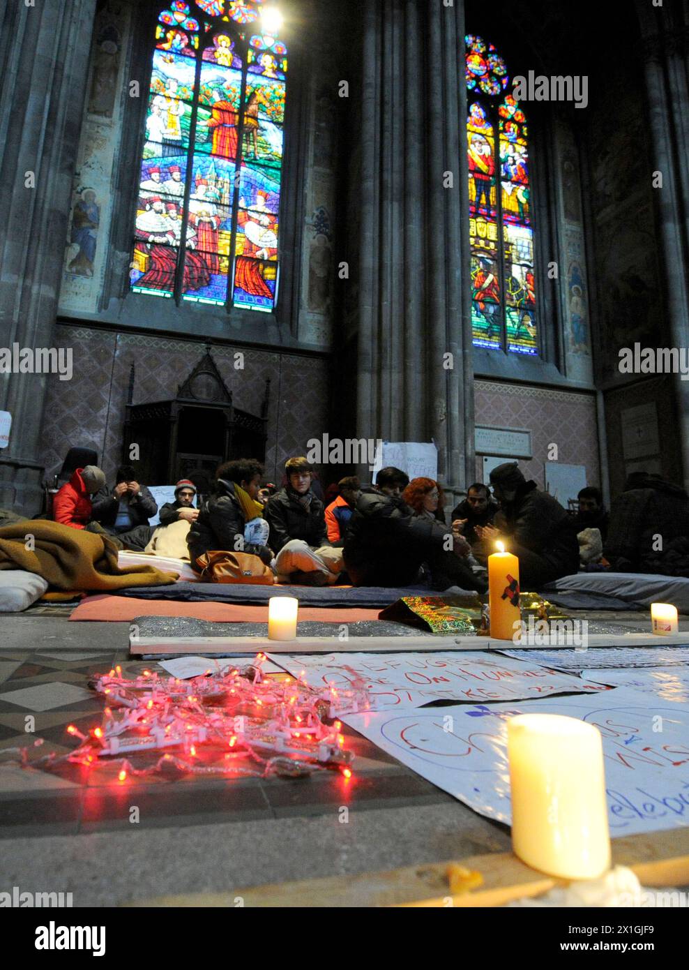 Around 30 asylum seekers have occupied Vienna  Votivkirche Church in order to draw attention to their concerns from 18 December 2012 on. In the picture: the camp of the protesters inside the church. - 20121227 PD0850 - Rechteinfo: Rights Managed (RM) Stock Photo