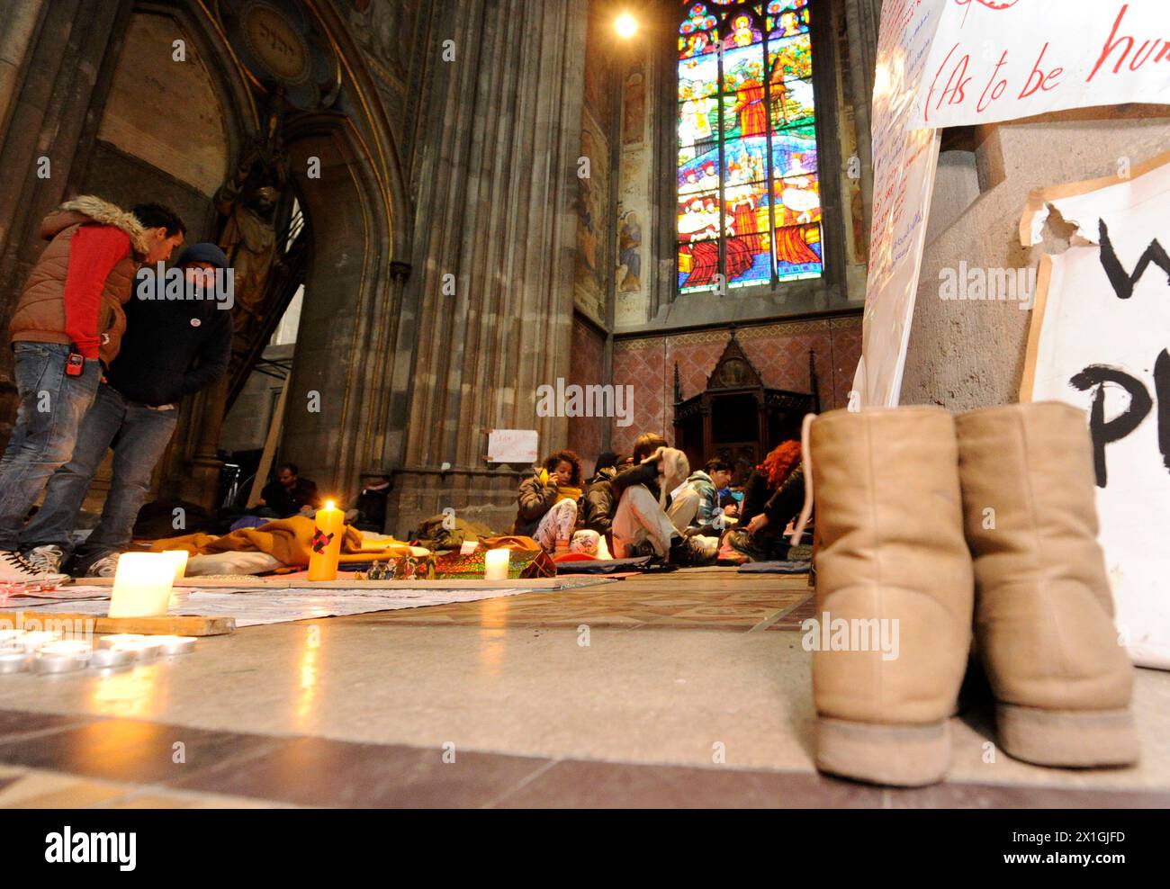 Around 30 asylum seekers have occupied Vienna  Votivkirche Church in order to draw attention to their concerns from 18 December 2012 on. In the picture: the camp of the protesters inside the church. - 20121227 PD0847 - Rechteinfo: Rights Managed (RM) Stock Photo