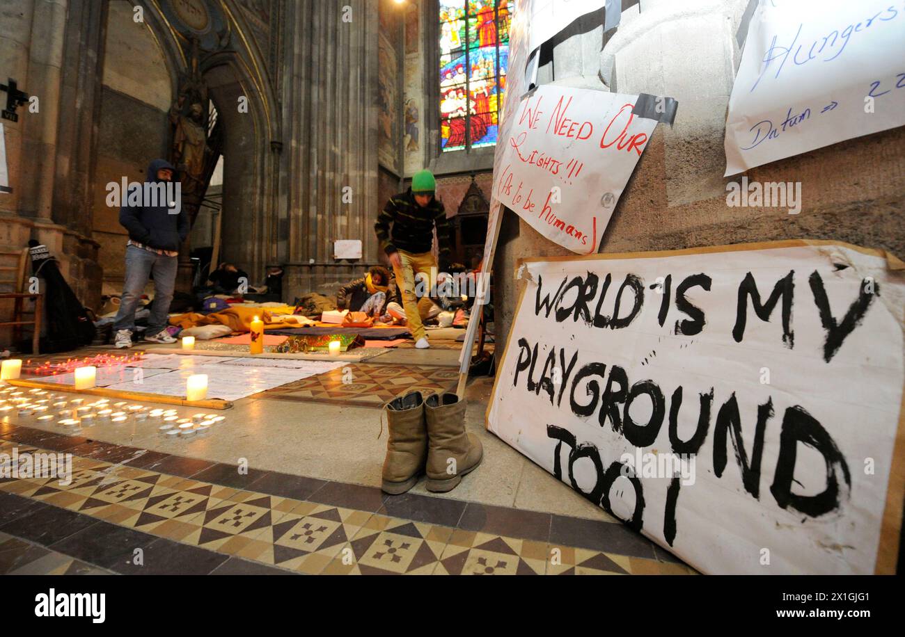 Around 30 asylum seekers have occupied Vienna  Votivkirche Church in order to draw attention to their concerns from 18 December 2012 on. In the picture: the camp of the protesters inside the church. - 20121227 PD0856 - Rechteinfo: Rights Managed (RM) Stock Photo