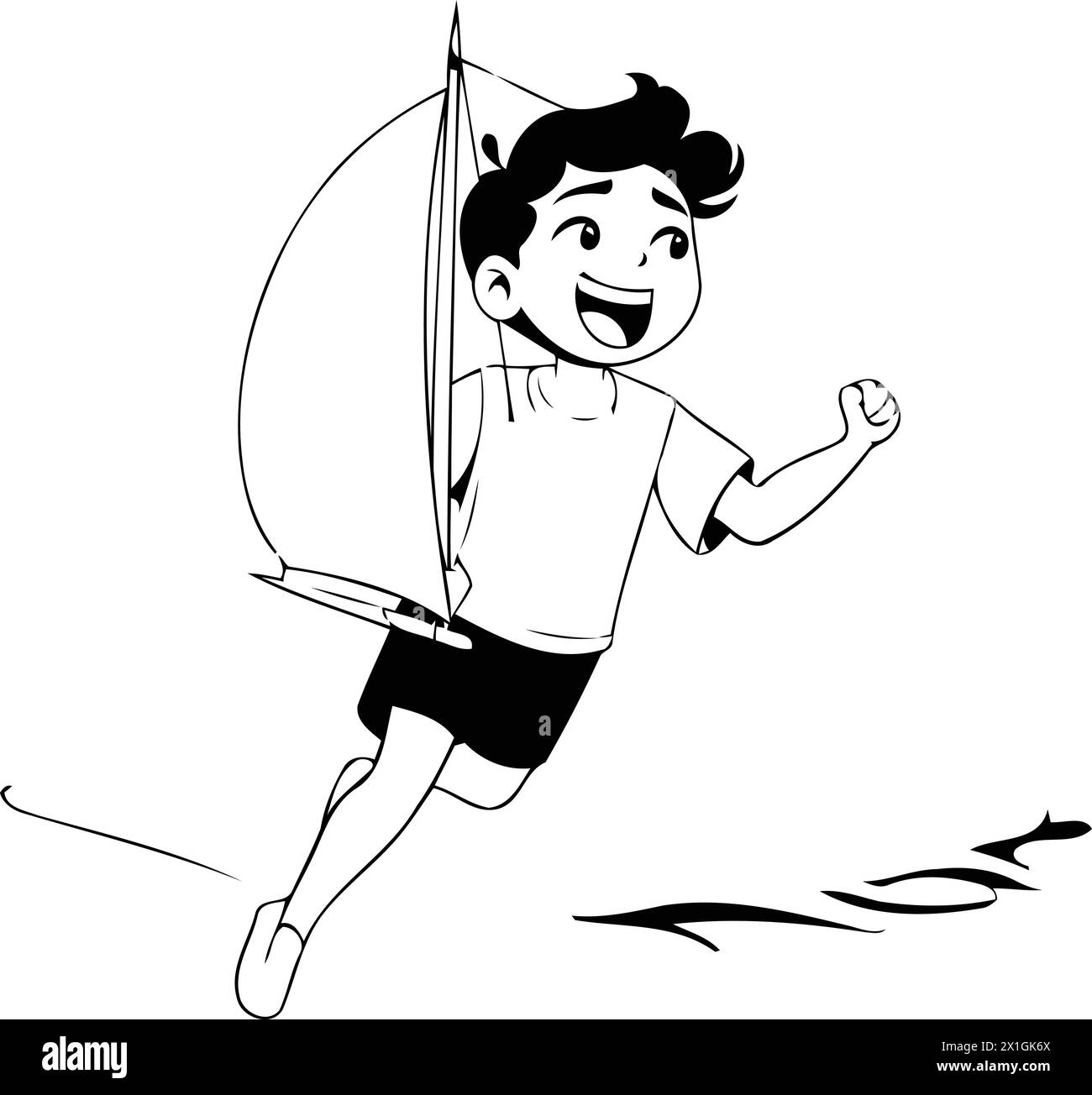 Happy boy jumping from windsurf board. Vector cartoon illustration. Stock Vector